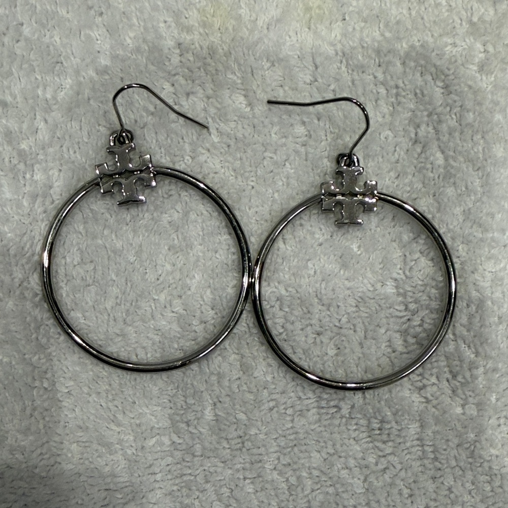 Tory Burch Silver Hoop Earrings with Puzzle Charm